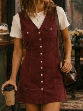 Cotton Corduroy Burgundy Sleeveless Snap up Jumper Dress in Size M
